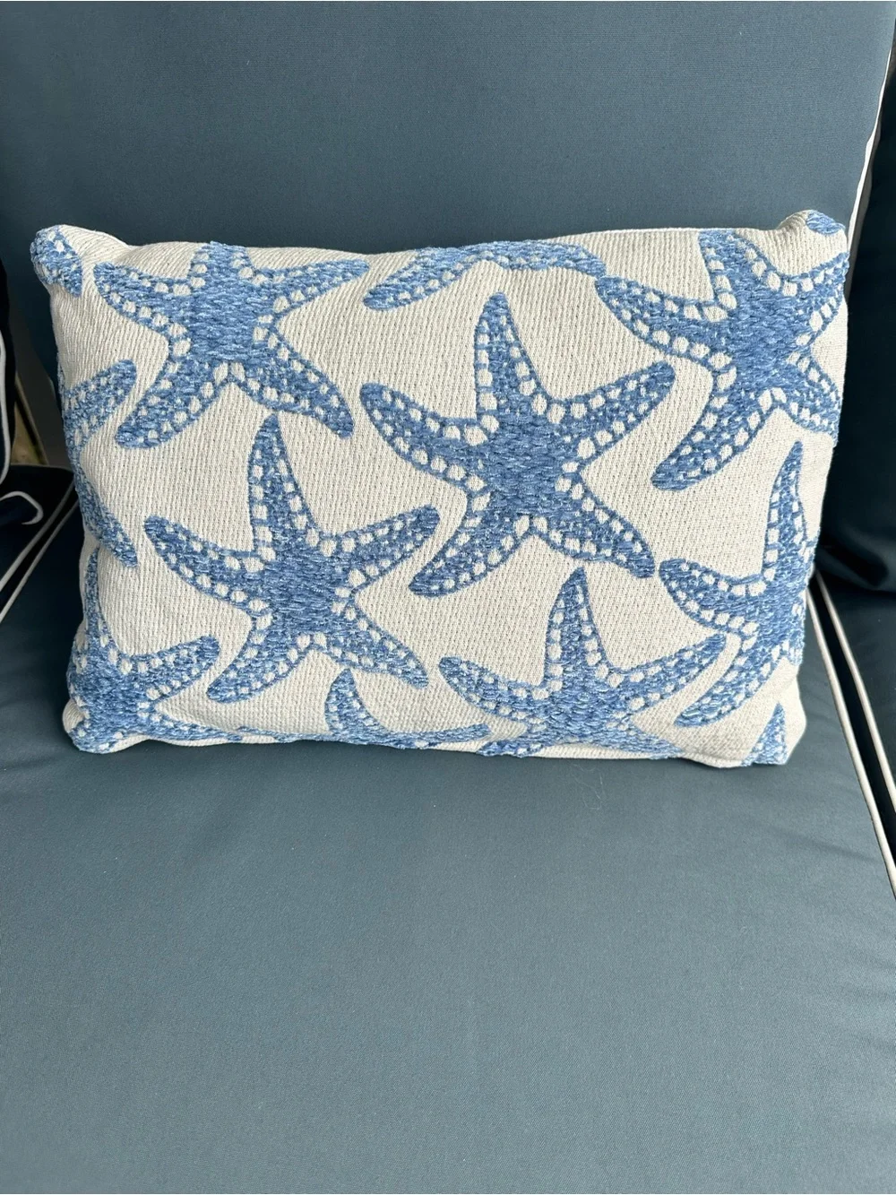 New blue and cream starfish lumbar accent pillow (@18”x11”): 3 available